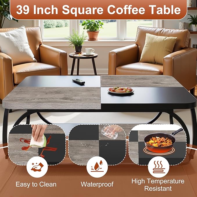 2-Tier Coffee Table with Storage Shelf, 39" Small Square Coffee Table Modern Wooden and Metal Accent Center Sofa Side Tables for Living Room, Gray & Black
