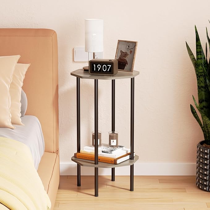 Side Table, Octagonal End Table for Small Spaces, Nightstand with 2 Storage Shelves, Small Table Stand for Bedroom, Living Room, Outdoor Balcony(Gray)