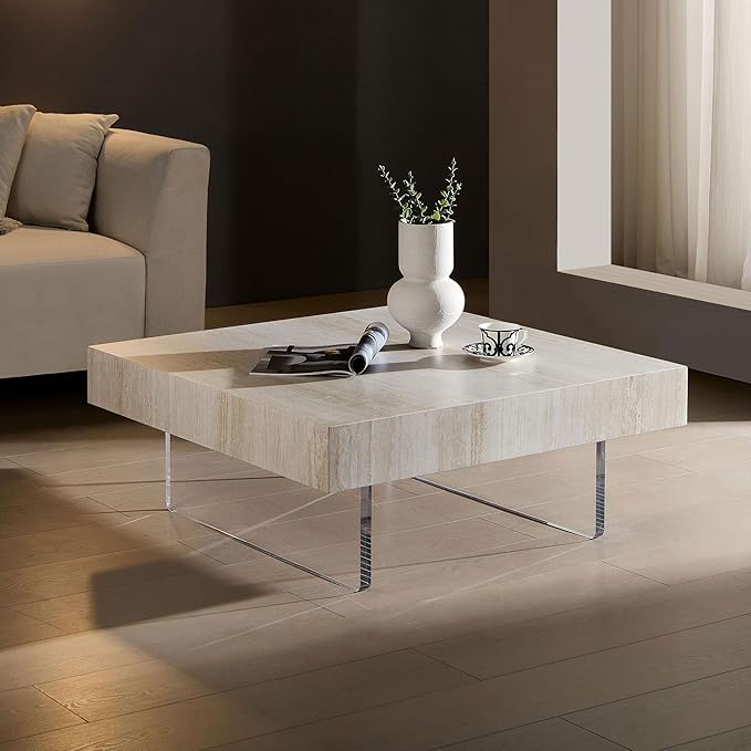 34.65'' Square Faux Travertine Pattern Coffee Table for Living Room, MDF Table, Modern Design Console Table with Acrylic Legs for Office, Apartment, Easy Assembly