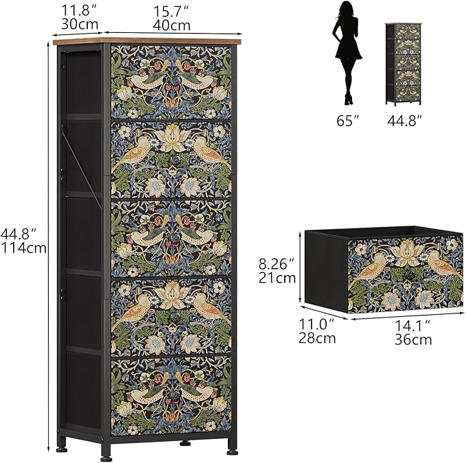 Dresser with 5 Fabric Drawers Strawberry Thief Drawer Dresser for Bedroom Vintage Nightstand Dressers & Chests of Drawer for Halfway Entryway Living Room Sturdy Steel Frame Wood Top, Brown