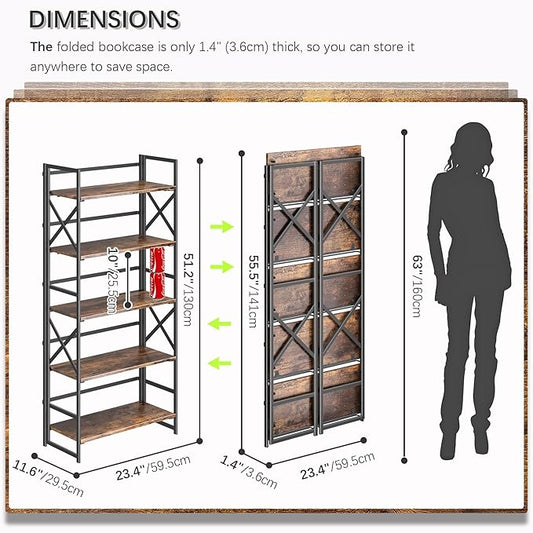 4NM 5 Tiers No Assembly Book Shelves, 51.2" H Folding Bookshelf Bookcase Open Industrial Foldable Shelves for Bedroom, Living Room, Home Office - Rustic Brown Black