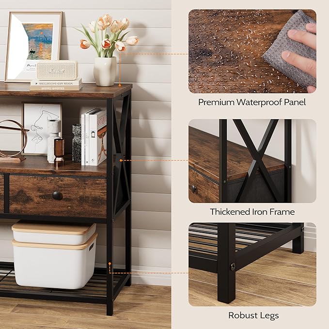 47'' Farmhouse Console Table with 3 Drawers and Open Shelf, Sofa Table Behind Couch for Entryway, Living Room, Hallway, Foyer, Rustic Brown, Durable and Wear-Resistant