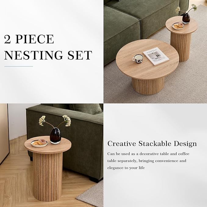 Small Nesting Table Set of 2 Mid Century Modern Wood Round Coffee Tables Boho Circle Side Table for Small Spaces Living Room Comedor Home Office(Natural)