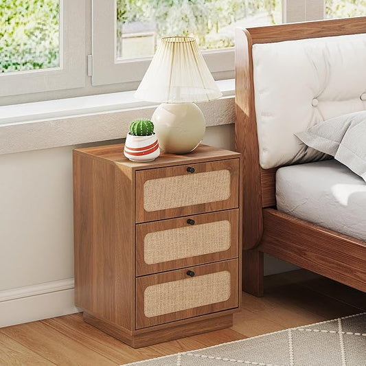 16" Nightstand with 3 Drawer, Mid-Century Wood Night Stand Storage with Linen Decor, Farmhouse Small Side Table for Sofa Couch, End Table for Bedside Bedroom, Living Room (Walnut)