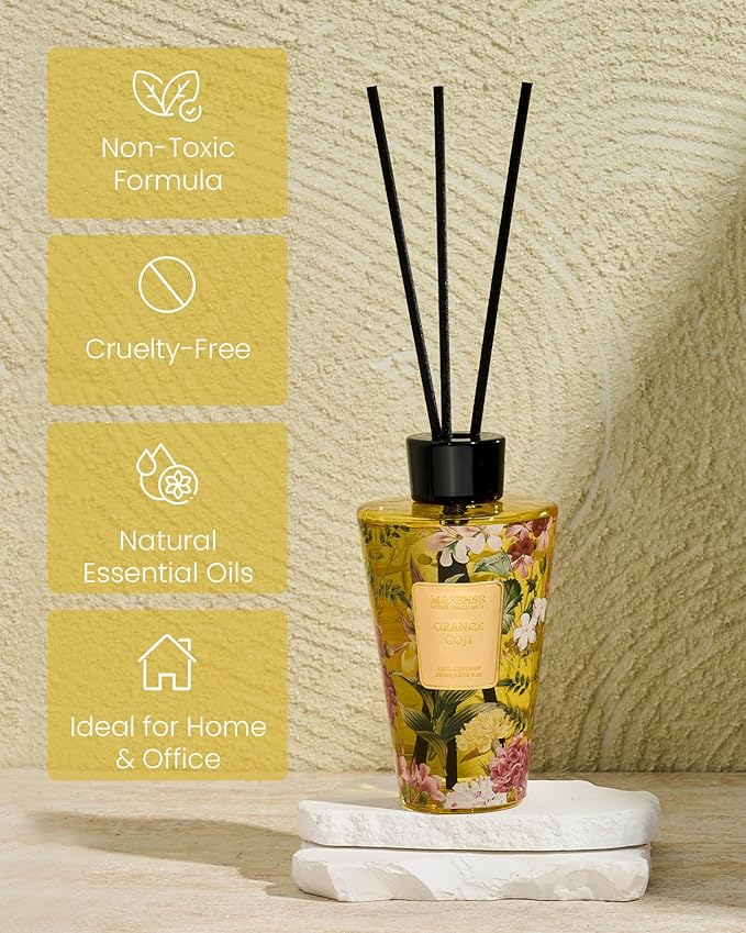 M&SENSE Orange Goji Reed Diffuser Set - 8.79fl oz Home Fragrance Non-Toxic Essential Oil Diffuser with Sticks, Air Freshner Gifts for Family Friends with Long Lasting Fragrance