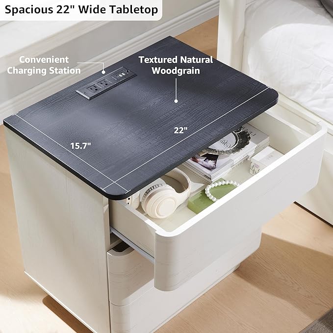JXQTLINGMU 22" Modern Nightstand Set of 2 with Charging Station, Large Push-to-Open End Table, Wood Bedside Table, Curved Profile, Handleless 3 Drawer Night Stand for Bedroom, Living Room, Off White