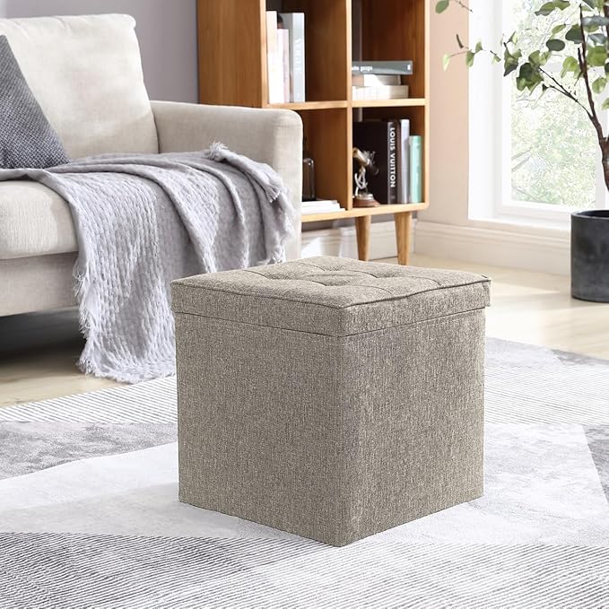 Ornavo Home Square Storage Ottoman Linen Foldable Tufted Cube Storage Ottoman Foot Rest Stool/Seat with Table Top Lid, Coffee Table Ottoman - 15" x 15" x 15" (Beige)