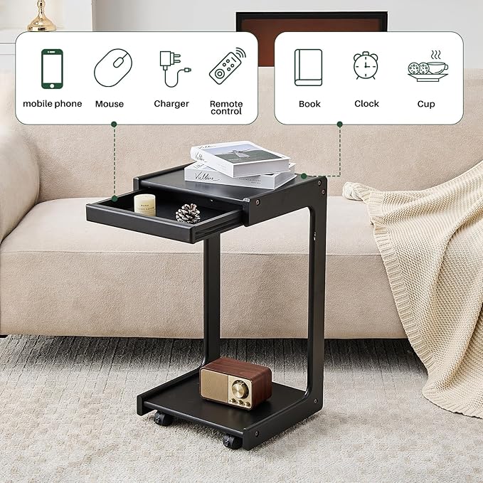 Wood Side Table for Couch - C Shaped Rolling End Table with Wheels, Wooden Modern Small Tv Tray Bedside Tables with Drawer for Sofa Armchair Living Room Bedroom, Black, 13 in x 14.4 in x 26 in