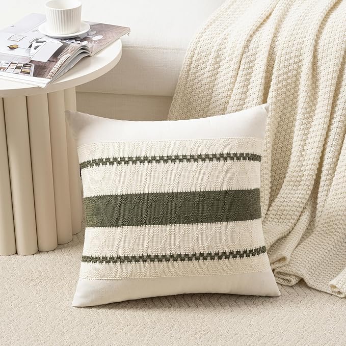 Fancy Homi Set of 2 Boho Olive Green Decorative Throw Pillow Cover 18x18 Inch for Couch Bed Sofa, Aesthetic Modern Organic Farmhouse Home Decor, Soft Cotton Cute Accent Macrame Woven Cushion Case