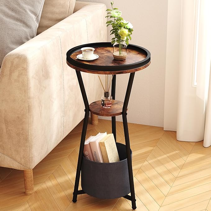 Yusong Round Side Table, Small Drink Table for Small Spaces, 3-Tier Industrial End Table, Accent Nightstand Bedside Table for Living Room, Bedroom, Sofa Couch, Rustic Brown