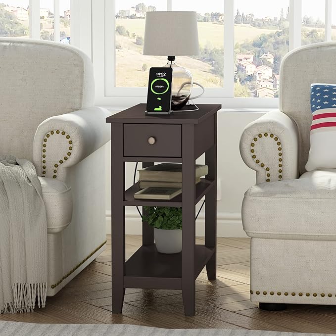 ChooChoo Narrow End Table with Charging Station, Side Table Living Room with USB Ports & Power Outlets and Hidden Drawer, 3-Tier Skinny Nightstand with 2 Open Storage Shelves For Small Place(Espresso)