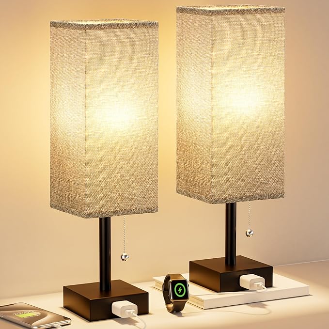 Grey Bedside Lamps for Bedroom Set of 2 - Small Nightstand Lamp with AC Outlet Charging Port, 3 Color Temperatures Rectangular Desk Light with Bulb, Tabletop Reading Lamp for Living Room/Dorm/Office