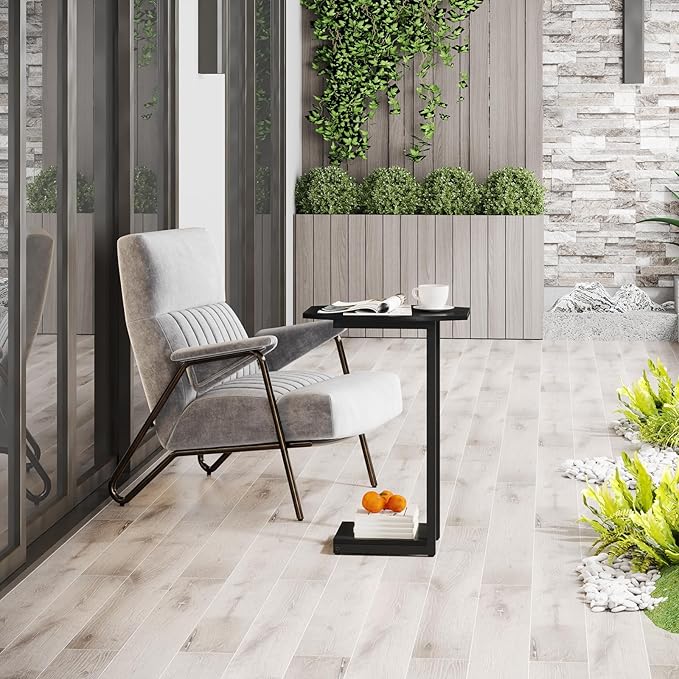 Hosfais Small Side Table End Table, C Shaped Barrel Coffee Table with Metal Frame, Wooden TV Tray for Living Room, Bedroom, Couch, Small Spaces (Black)