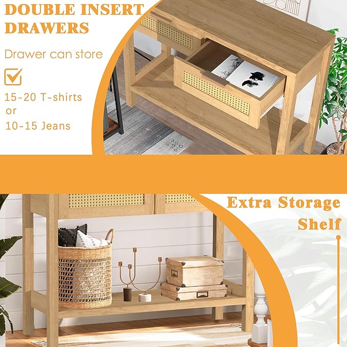 Rattan Console Table for Entryway, Boho Narrow Sofa Tables with Storage Shelf and 2 Drawers for Behind Couch Living Room, Hallway, Entrance, Natural Wood