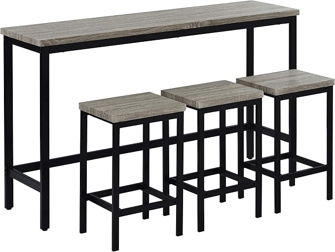 Merax 4-Piece Counter Height Extra Long Dining Table Set with 3 Stools and Side Table with Footrest Pub Kitchen Set,Grey