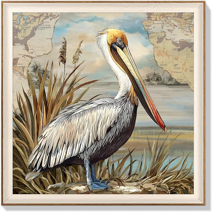 YUEYARIT Framed wall art, vintage wall decor, pelican decor, canvas printed pictures, suitable for gifts, cottagecore bedroom, bathroom, living room, and office artwork.12X12Inch