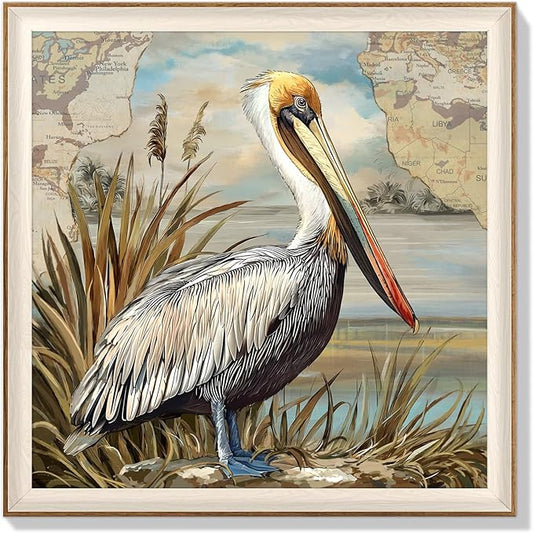YUEYARIT Framed wall art, vintage wall decor, pelican decor, canvas printed pictures, suitable for gifts, cottagecore bedroom, bathroom, living room, and office artwork.12X12Inch