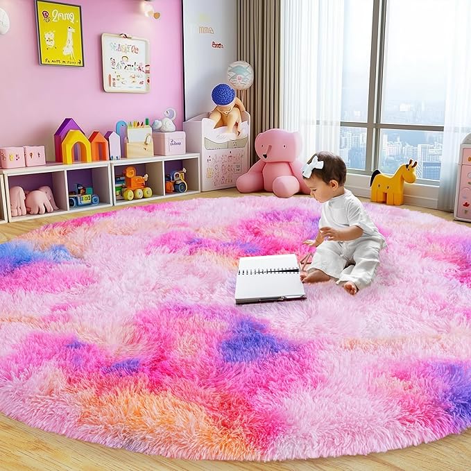 Round Fluffy Rugs 7Ft for Girls Bedroom, Dark Rainbow Shag Circle Kids Rug Non-Slip for Bedside Dorm Nursery Playroom, Soft Cute Area Rugs for Living Room Decor