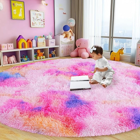 Round Fluffy Rugs 7Ft for Girls Bedroom, Dark Rainbow Shag Circle Kids Rug Non-Slip for Bedside Dorm Nursery Playroom, Soft Cute Area Rugs for Living Room Decor