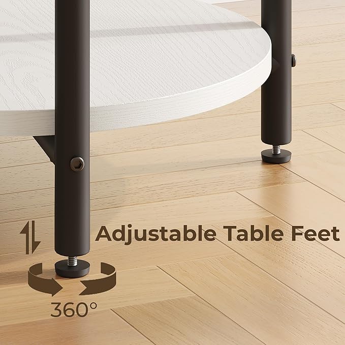 LIKIMIO 15.8" W Small Round Side Table with Charging Station, 2-Tier End Table with Lower Shelf, Wooden Nightstand for Small Spaces, Living Room, Bedroom, White