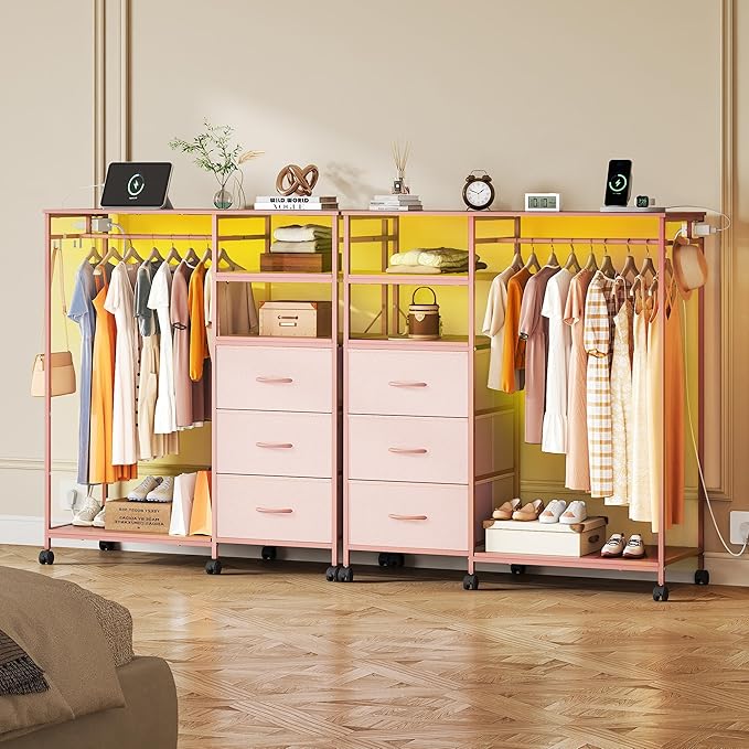 WLIVE Pink Dresser with Hanging Rack for Bedroom, 3 Drawer Dresser with LED Lights & Charging Station, Fabric Dressers & Chest of Drawers, Storage Organizer with Open Shelves for Living Room