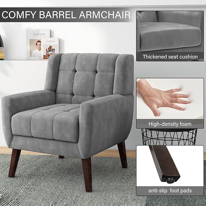 2 Pack Mid Century Modern Accent Chairs, Button Tufted Velvet Upholstered Armchairs with Arms - Matching Set for Living Room, Comfortable Sofa Chairs for Bedroom & Home Office, Compact, Gray