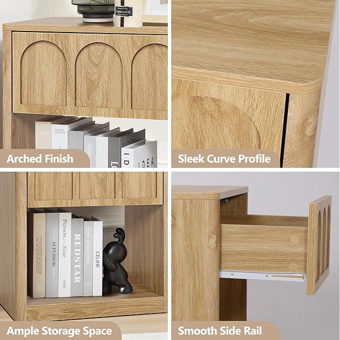 Nightstand Set of 2, 19.69" Wide Bedside Table with Arched Finish, Modern Night Stands with Curved Profile, Mid Century End Table for Bedroom Living Room (Natural-2 Packs)