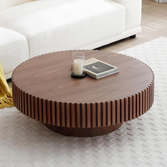 31.49'' Round Coffee Table for Living Room, Modern Wood Nesting Coffee Table Handcraft Circle Fluted Drum Coffee Table, Easy Assembly