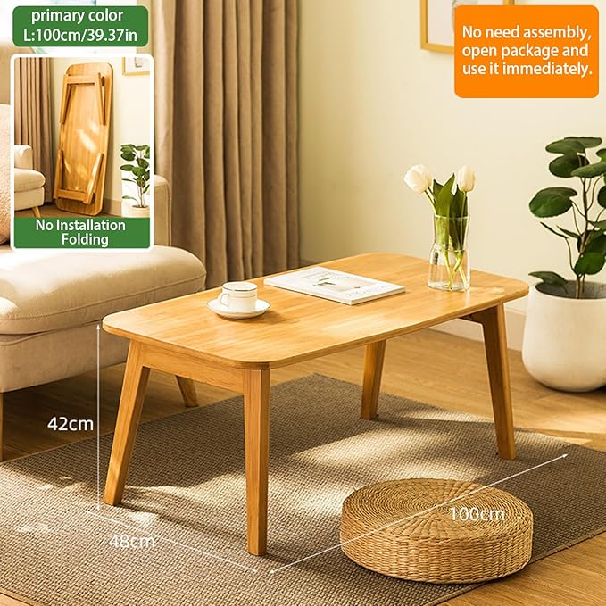 Coffee Table Foldable Mid Century Desk TV Stand with Open Storage Shelf Center Table for Living Room Furniture RV No Assembly, Natural (39.37IN)