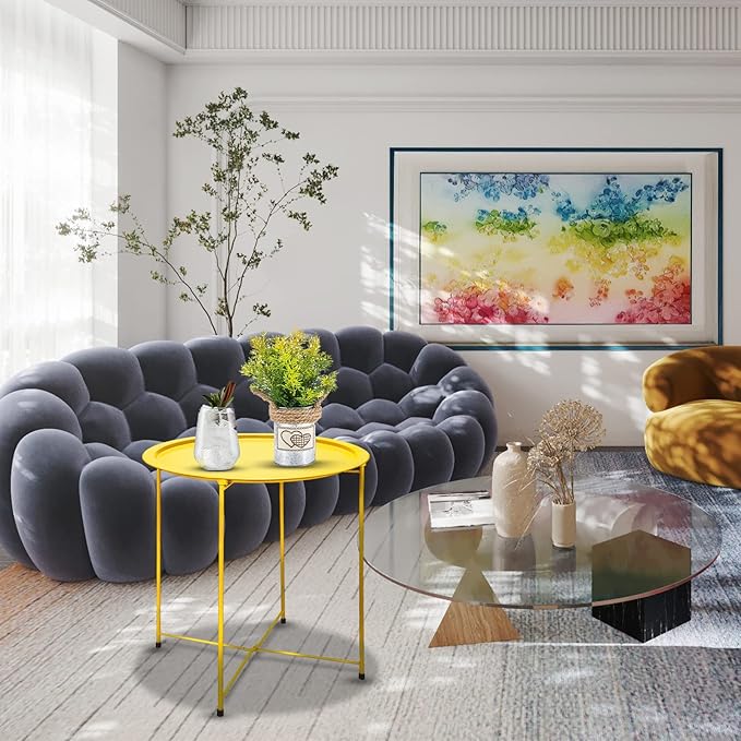 VILAWLENCE Metal End Table Side Table Round Folding Tray, Sofa Grey Small Accent Fold-able Side Table Tray,Outdoor Side Sofa Table, Snack Table for Living Room and Bed Room 18.5 in (Yellow)