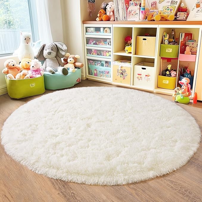 4'x4' Cream Round Rugs for Girls Bedroom, Ultra Soft Fluffy Circle Rug for Kids Room, Cute Shag Rugs for Living Room Playroom Tent Castle Home Decor Rug