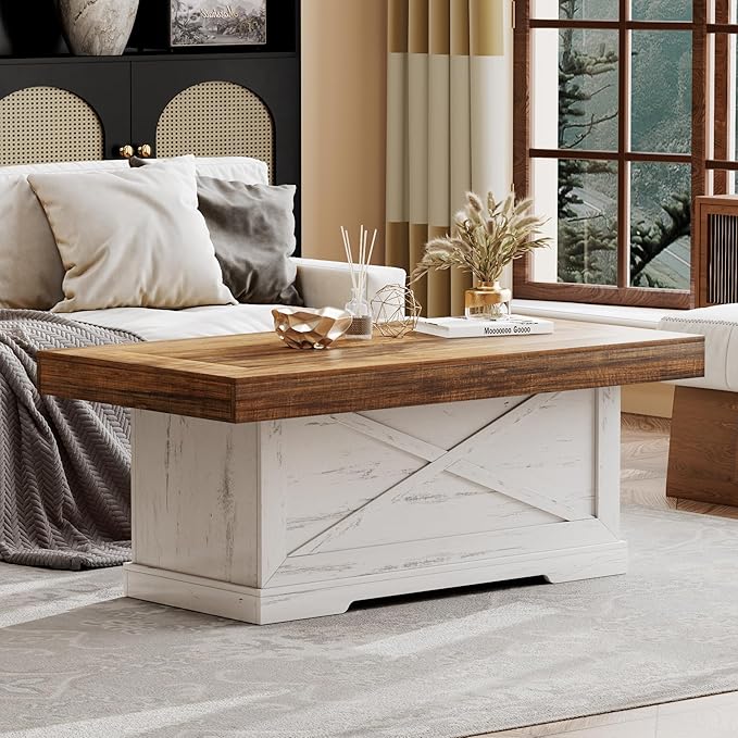 Coffee Table 39 in Farmhouse Center Table with X-Design Wooden Pedestal for Living Room, Space Saving, Rectangle Home Office Tea Accent Table for Apartment, Antique White Walnut