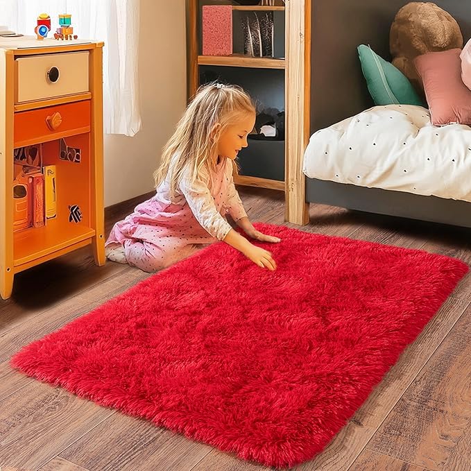 Small Area Rug, 2x3 Red Rug for Bedroom Shaggy Throw Rugs for Girls Room, Soft Carpet for Kids Room, Plush Non-Slip Fluffy Bedside Rug for Living Room Nursery Dorm Home Decor