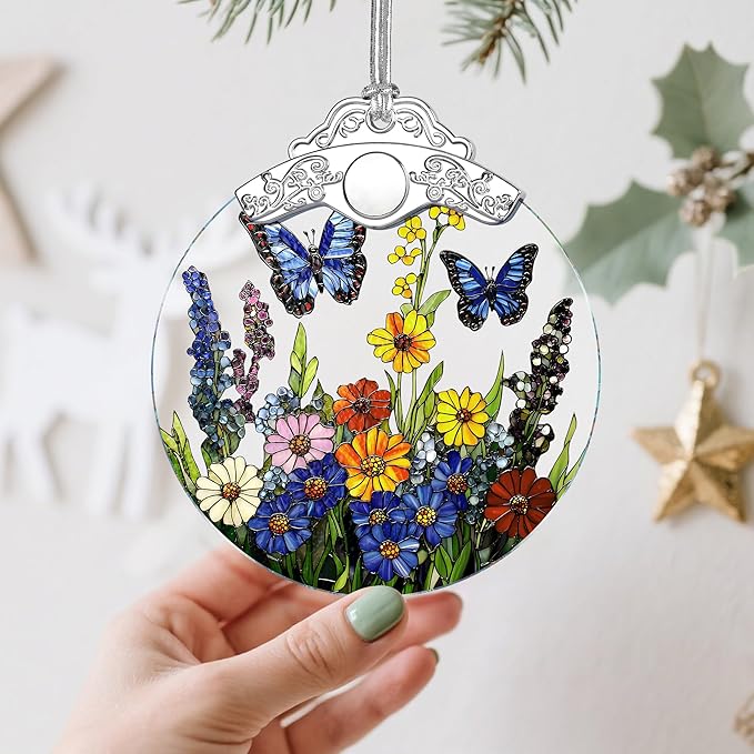 Stained Glass Butterfly-Flower Christmas Ornament: Christmas Tree Ornaments & Decor, Holiday Decor – Holiday Presents, Gift Ideas & Gifts for Friends, Coworker, and Family