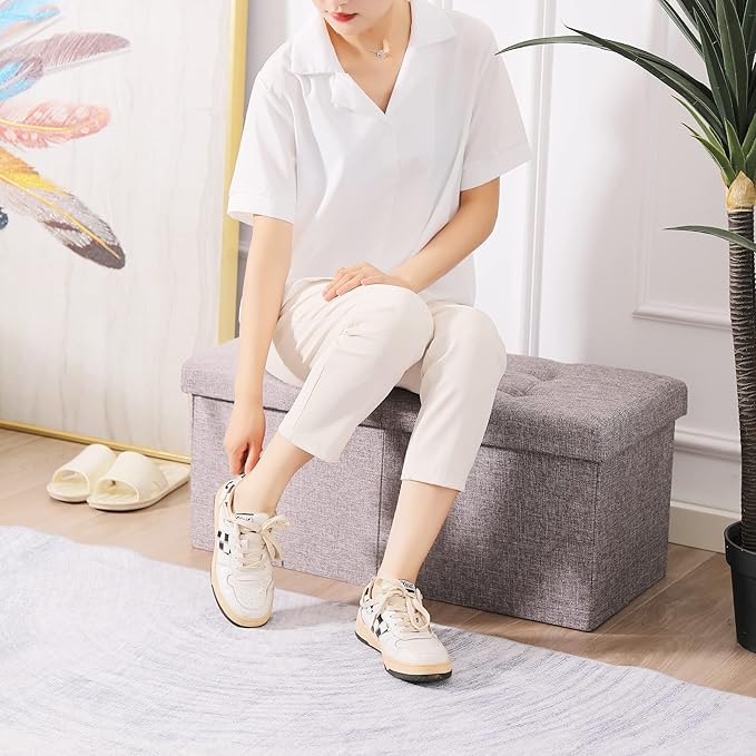 Cuyoca Foldable Seat Footrest Shoe Bench End of Bed Storage with Flipping Lid, 75L Storage Space, 30 inches Linen Fabric Grey