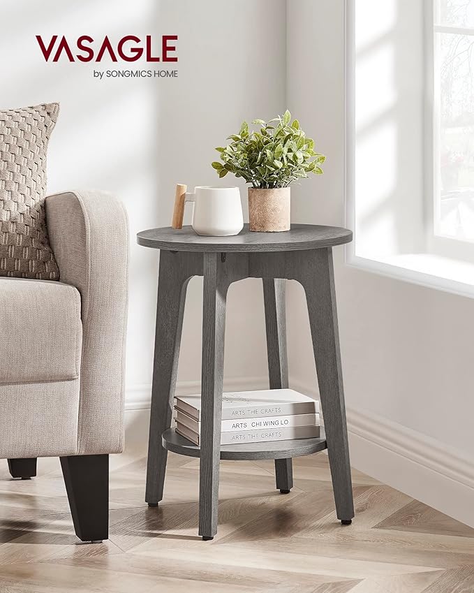 VASAGLE MAEZO Collection - Side Table, 2-Tier Small Round End Table, Nightstand with Tapered Legs, Curved Transitions, for Small Spaces, Living Room, Bedroom, Smoky Gray ULET283T68