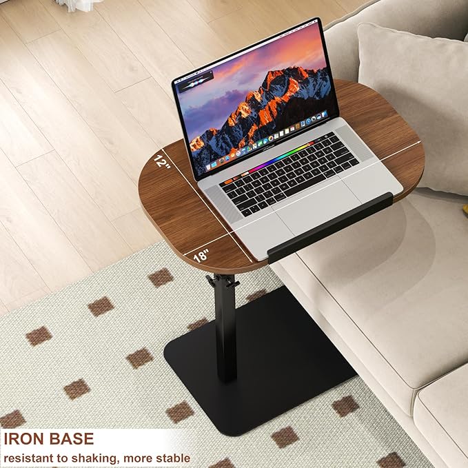 Solid Wood C Shaped Side Table for Sofa/Bed, Adjustable Height C Shaped End Table Metal Base, 360°Swivel/Flip Top Couch Tables That Slide Under, Small Spaces Laptop Stand Coffee Table (Walnut A)