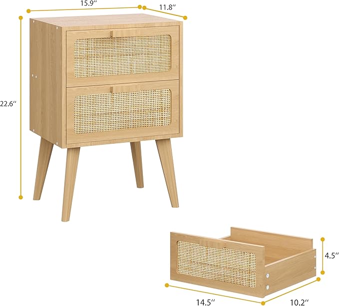 Rattan Nightstand Set of 2,Side Table with Hand Made Rattan Decorated Drawers,Boho Bedside Table,Wood Accent Table with Storage for Small Space,Livingroom, Bedroom, Natural CTG59Y-2
