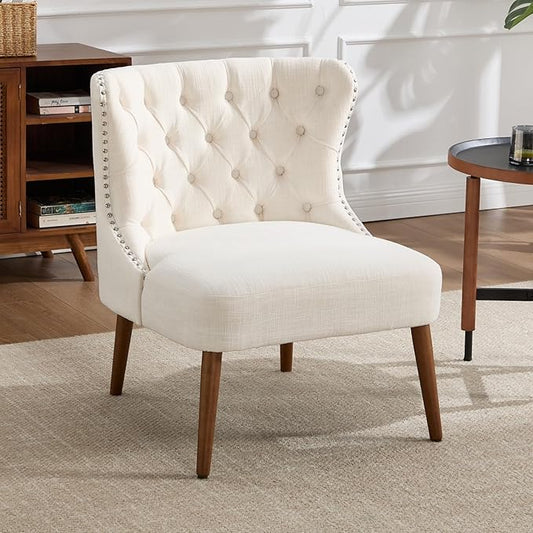 chairus Tufted Slipper Accent Chair, Armless Linen Living Room Chair with Nailhead Trim, Mid-Century Modern Upholstered Wingback Side Chair for Bedroom Reception Apartment Office, Beige