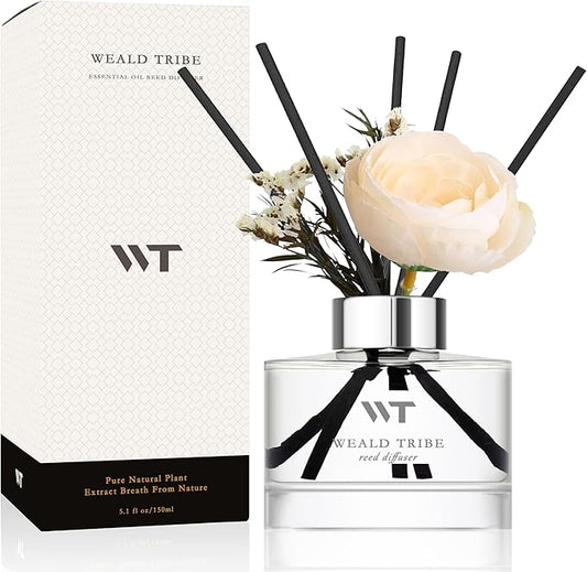 Flower Reed Diffuser Set Sandalwood Rose Scent for Bathroom Accessories Shelf Decor & Air Fresheners, Sticks Defusers with 5.1 fl oz Essential Oils & Leaves, House Bedroom Office Decor & Gifts