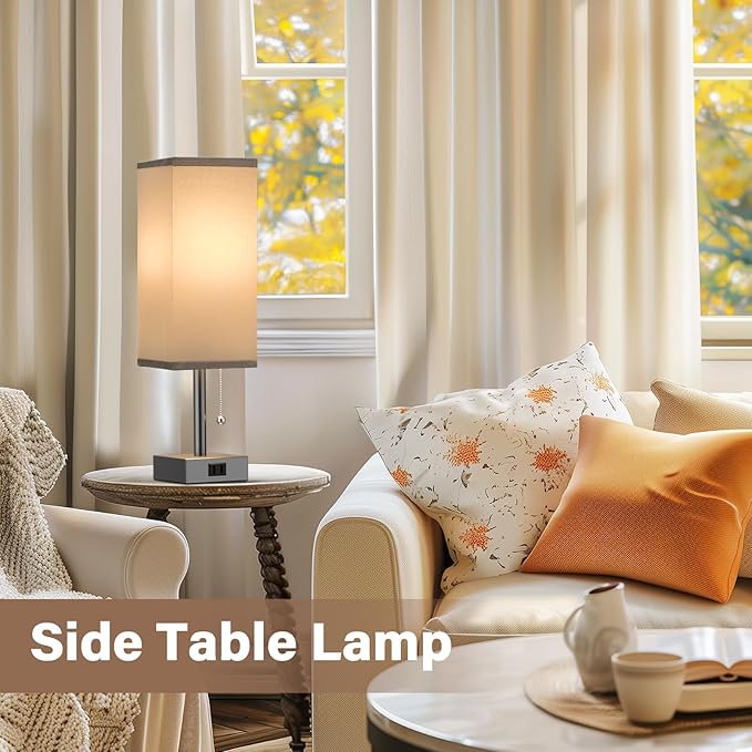 Fenmzee Grey Bedside Table Lamps for Bedroom Set of 2 - Small Rectangular Nightstand Lamp with AC Outlet Charging Port, 3 Color Temperatures Light, Tabletop Reading Lamp for Living Room/Dorm/Office