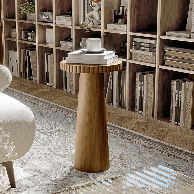 Small Side Table, Wood End Table with Fluted Pedestal Base, Round Drink Table for Small Spaces, Modern Accent Table for Living Room, Bedroom or Sofa Side(1, Walnut)