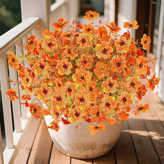 Agusbagli 24Pcs Artificial Fall Flowers Outdoor Autumn Fake Flowers UV Resistant Faux Plastic Greenery Shrub Plant for Wedding Home Garden Window Box Fireplace Thanksgiving Christmas Decor Orange