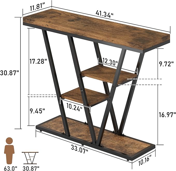 POZILAN 41.3" Console Table for Entryway, 4-Tier Sofa Entryway Table, Narrow Side Tables with Storage Shelves, Farmhouse Accent Hallway Tables for Living Room, Foyer, Entrance, Rustic Brown