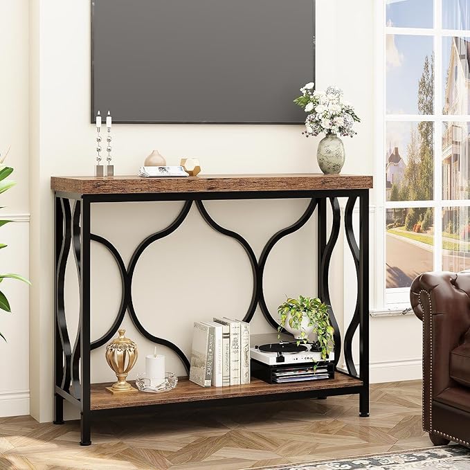 IBF 39.4" Narrow Console Table, Farmhouse Entryway Table in Living Room Hallway Foyer Entrance, Industrial Wood Metal Sofa Table Entry way Behind Couch Tables with 2-Tier Storage Shelves, Rustic Brown
