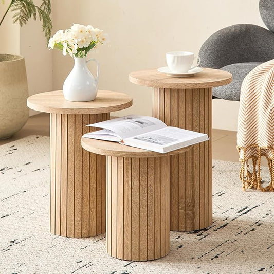 3-Piece Nesting Coffee Table Set, Modern Small Round Wood Side Tables, Fluted Drum Base, for Living Room Bedroom Apartment Small Space, Natual