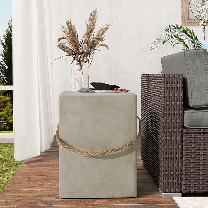 SUNBURY Concrete Side Table Set of 2, Outdoor Side Table for Patio, 18" H Outdoor Accent Table w Hemp Rope, Patio Side Table End Table in Medium Gray, Ceramic Side Table Garden Stool Log Table