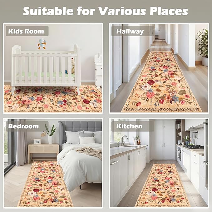Rug for Hallways Kitchen Rug 2x8, Non Slip Washable Rugs with Rubber Backing Soft Floral Carpet Runner for Hallways, Kitchen, Laundry, Bedroom, Bathroom(2 x 8, Yellow Lawn)
