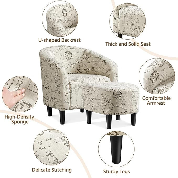 Yaheetech Modren Club Chair with Ottoman, Fabric Accent Armchair with Footstool, Upholstered Barrel Chair and Footrest for Living Room Bedroom Guestroom, Letter Print