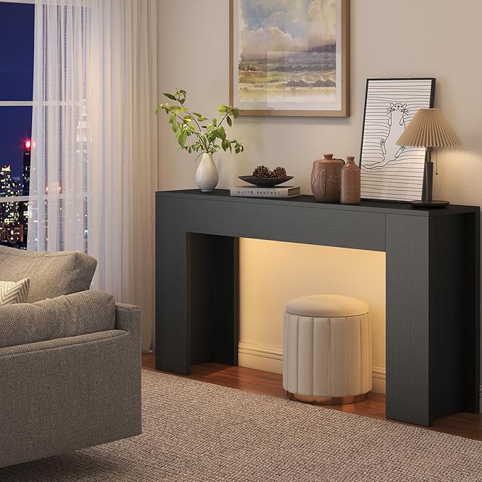 63-Inch Long Console Table with LED Light, Farmhouse Sofa Table Behind Couch, Wooden Console Table for Entryway Hallway Entrance Living Room, Black